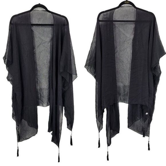 Womens Sheer Tasseled Kimono Black Boho Gothic Witchcore Baddie Festival Night O - Picture 1 of 10